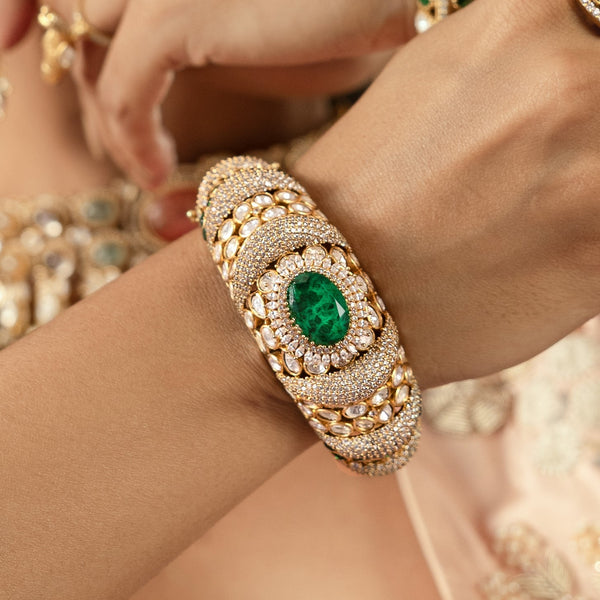 MDB961- Green and White Colour Gold Plated Faux Polki Bangle