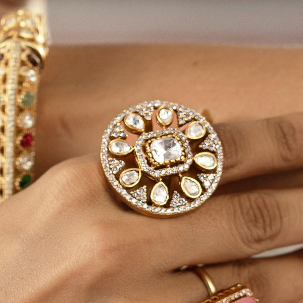 MDR801- White Colour Gold Plated Faux Polki Ring