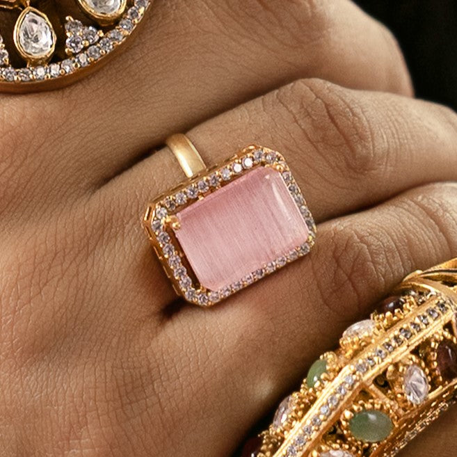 MDR802- Pink and White Colour Gold Plated Faux Polki Ring