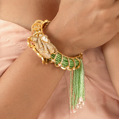 MDB960- Green Colour Gold Plated Peacock Style Faux Polki Bangle