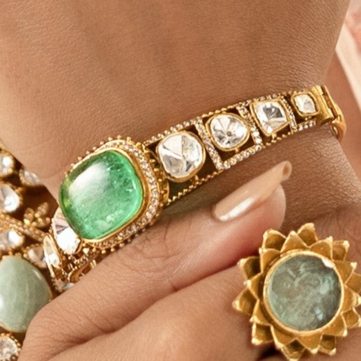 MDB964- Green and White Colour Gold Plated Faux Polki Bangle