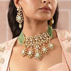 MDN951- White and Mint Colour Gold Plated Faux Polki Bridal Necklace Set with Tika