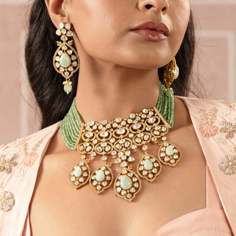 MDN951- White and Mint Colour Gold Plated Faux Polki Bridal Necklace Set with Tika