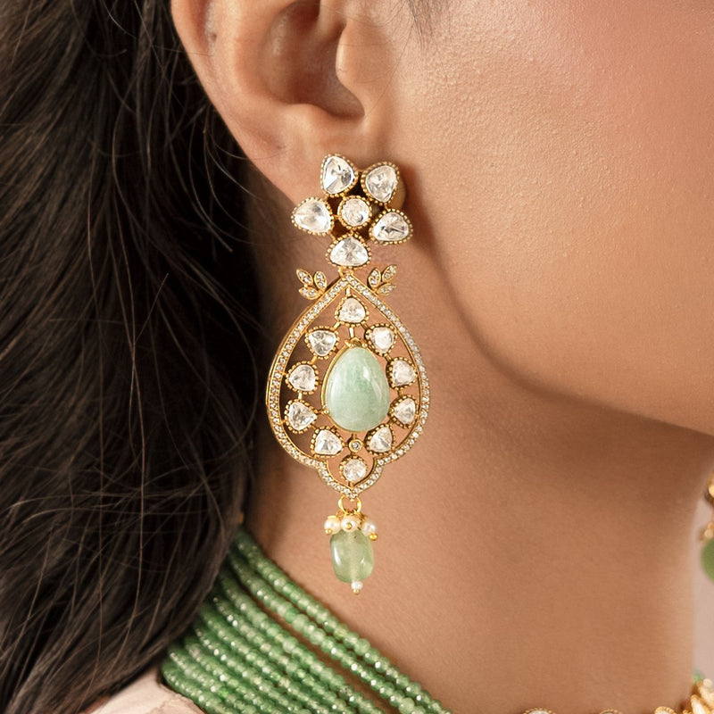 MDN951- White and Mint Colour Gold Plated Faux Polki Bridal Necklace Set with Tika