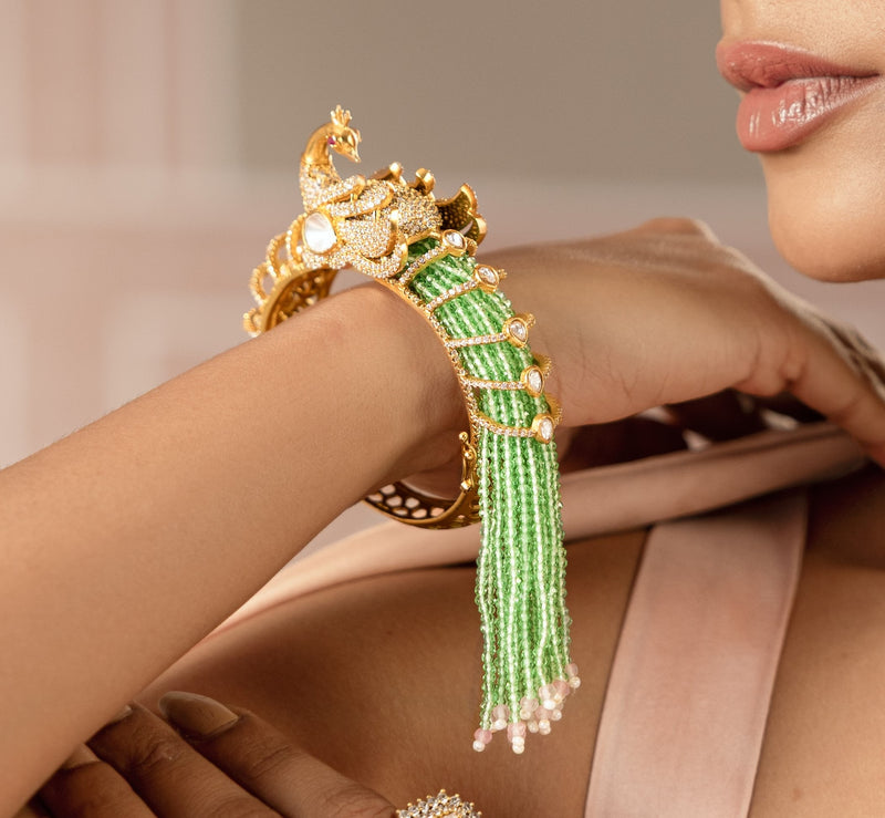 Green Colour Gold Plated Peacock Style Faux Polki Bangle
