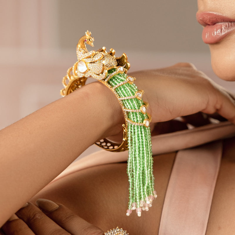 MDB960- Green Colour Gold Plated Peacock Style Faux Polki Bangle