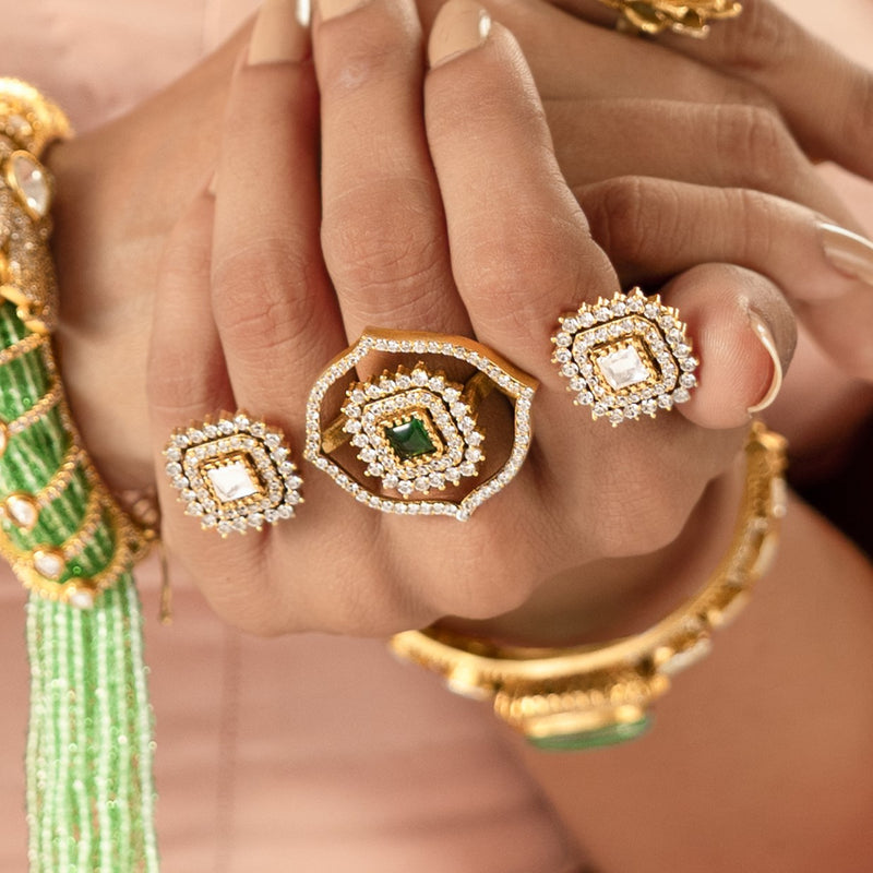 MDR1021- White and Green Colour Gold Plated Faux Polki Ring