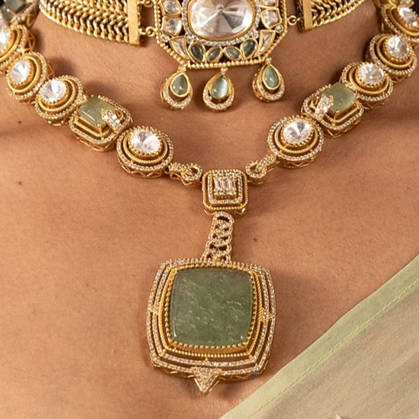 MDN949- Mint and White Colour Gold Plated Faux Polki Pendant Set