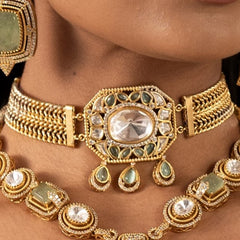 MDN950- Mint and White Colour Gold Plated Faux Polki Choker Set