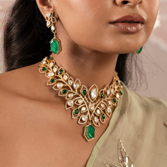 MDN920- Green and White Colour Gold Plated Faux Polki Necklace Set