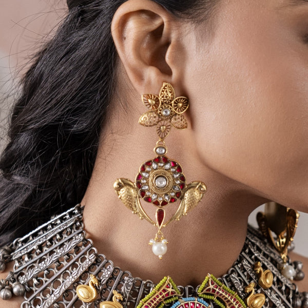 MDE906- Pink and White Colour Gold Plated Jadau Kundan Thappa Dangler Earrings