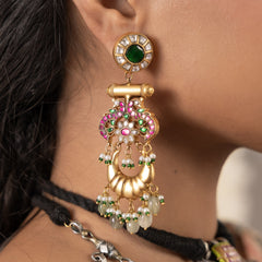 MDE902- Multi Colour Gold Plated Jadau Kundan Thappa Dangler Earrings