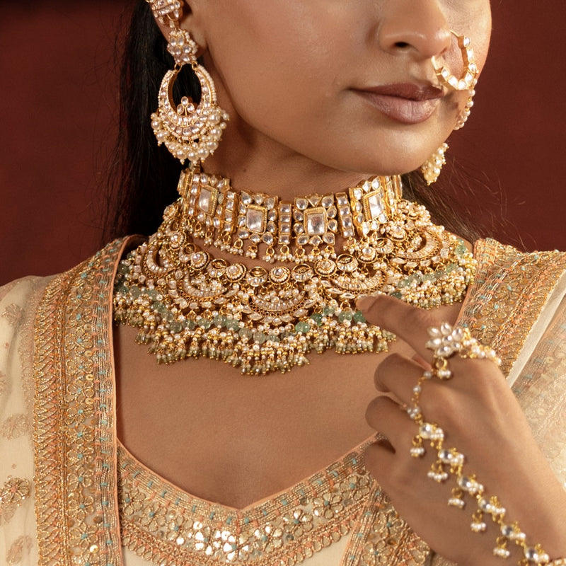 MDN947- White Colour Gold Plated Jadau Kundan Heritage Bridal Necklace Set