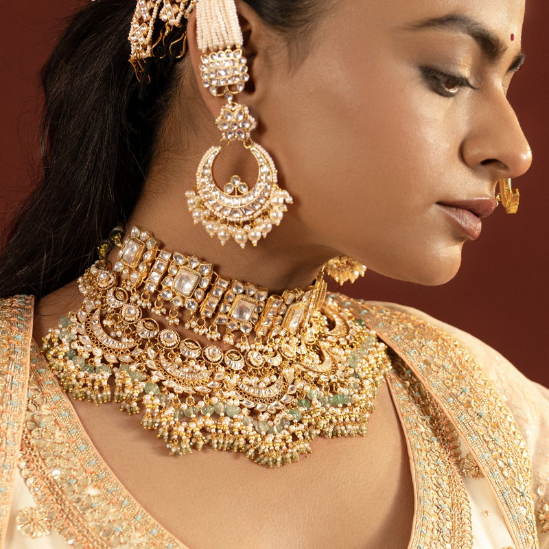 MDN947- White Colour Gold Plated Jadau Kundan Heritage Bridal Necklace Set