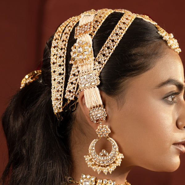 MDE984- White Colour Gold Plated Jadau Kundan Statement Chandbali Earrings