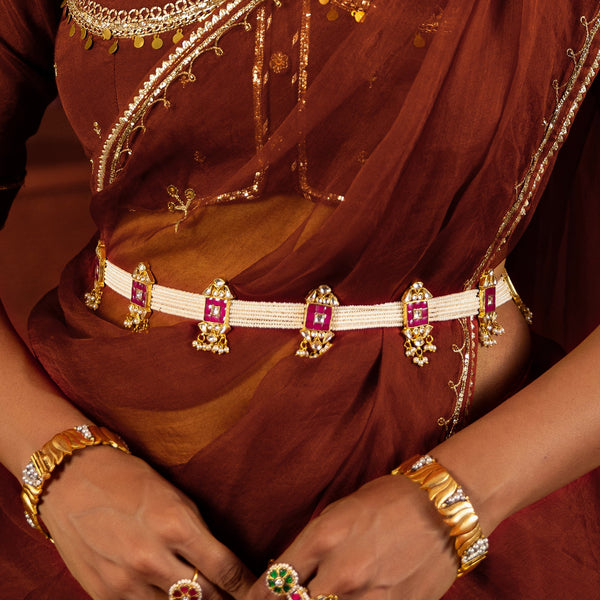 MDWB743- Pink and White Colour Gold Plated Jadau Kundan Waistbelt