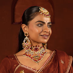 MDN946- Multi Colour Gold Plated Jadau Kundan Bridal Choker Set with Tika