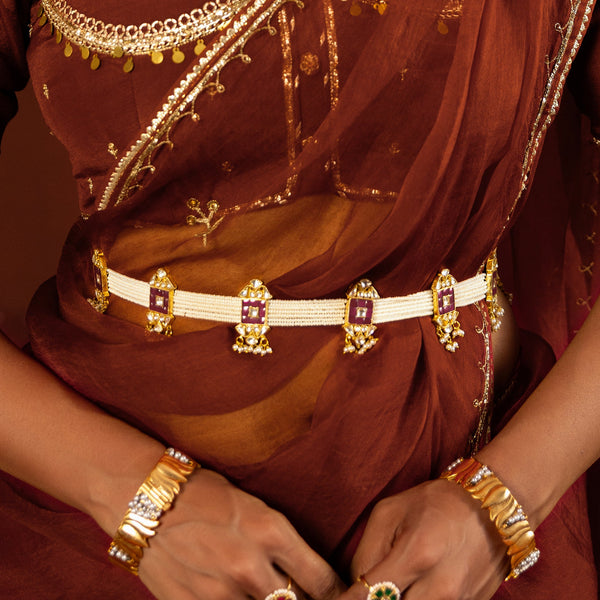 MDWB743- Pink and White Colour Gold Plated Jadau Kundan Waistbelt