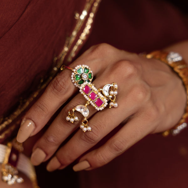 MDR988- Pink and White Colour Gold Plated Jadau Kundan Ring