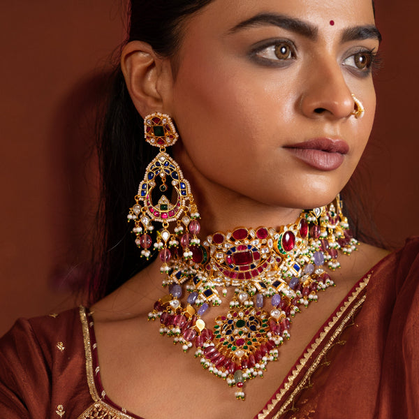 MDN946- Multi Colour Gold Plated Jadau Kundan Bridal Choker Set with Tika