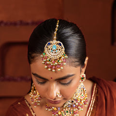 MDN946- Multi Colour Gold Plated Jadau Kundan Bridal Choker Set with Tika