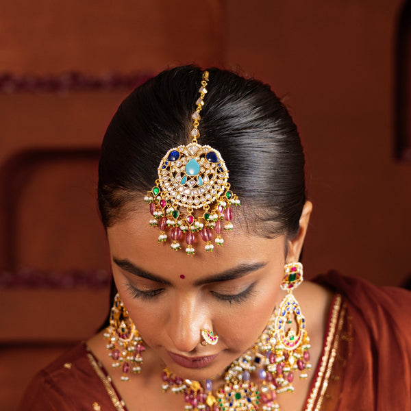 MDN946- Multi Colour Gold Plated Jadau Kundan Bridal Choker Set with Tika