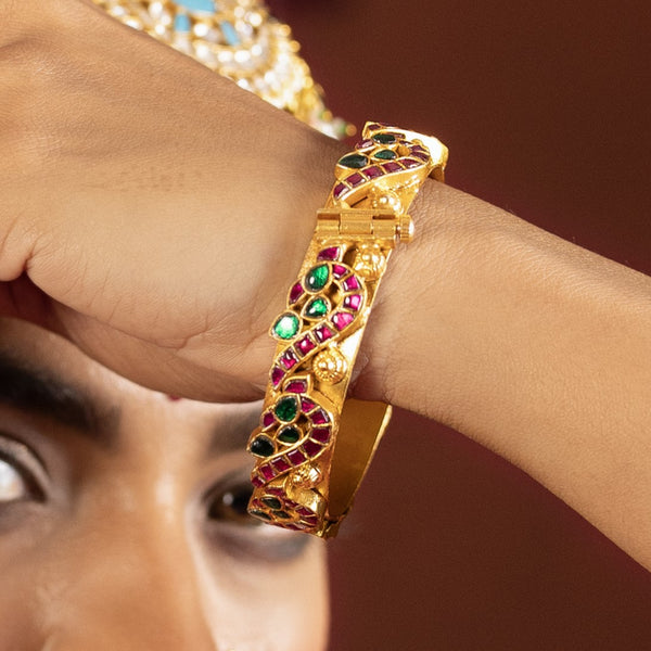 MDB958- Multi Colour Gold Plated Jadau Kundan Temple Bangle