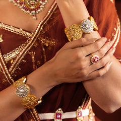 MDB965- White and Golden Colour Gold Plated Jadau Kundan Temple Bangle