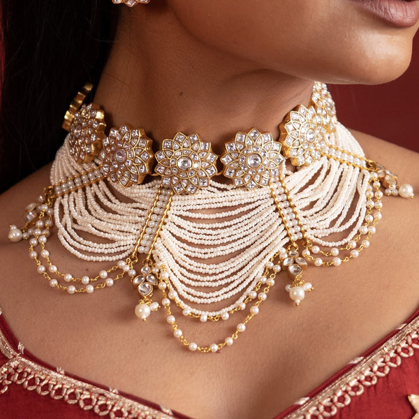 MDN490- White Colour Gold Plated Jadau Kundan Necklace Set