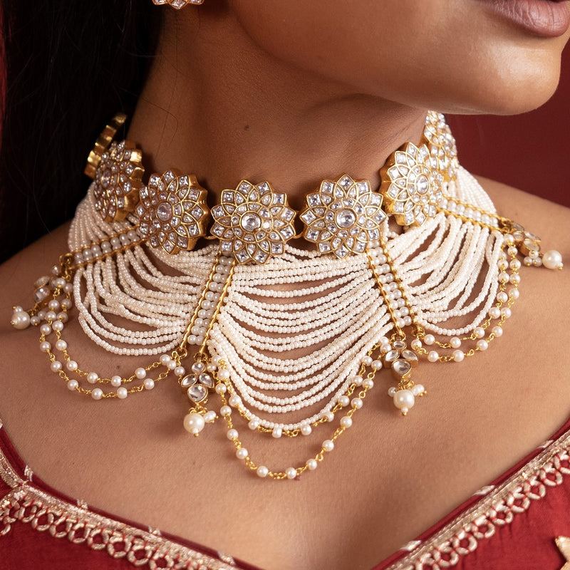 MDN490- White Colour Gold Plated Jadau Kundan Necklace Set