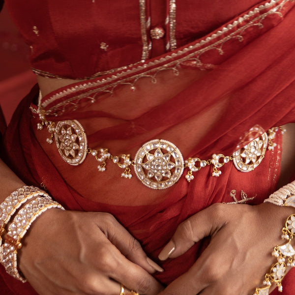 MDWB917- White Colour Gold Plated Jadau Kundan Waistbelt