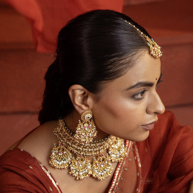 MDN913- Multi Colour Gold Plated Jadau Kundan Bridal Choker Set
