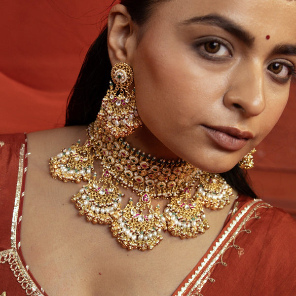 MDN913- Multi Colour Gold Plated Jadau Kundan Bridal Choker Set