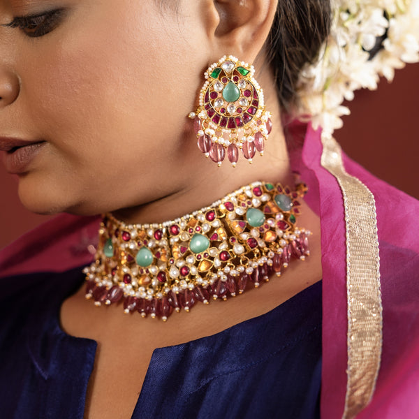 MDN945- Multi Colour Gold Plated Jadau Kundan Bridal Necklace Set