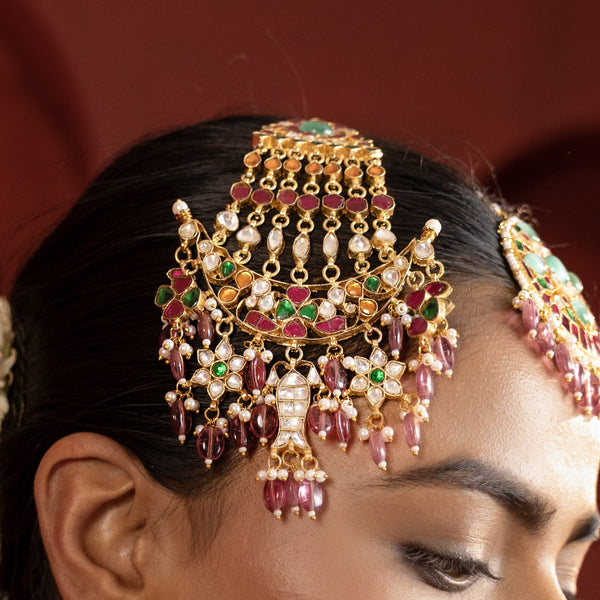 MDN945- Multi Colour Gold Plated Jadau Kundan Bridal Necklace Set