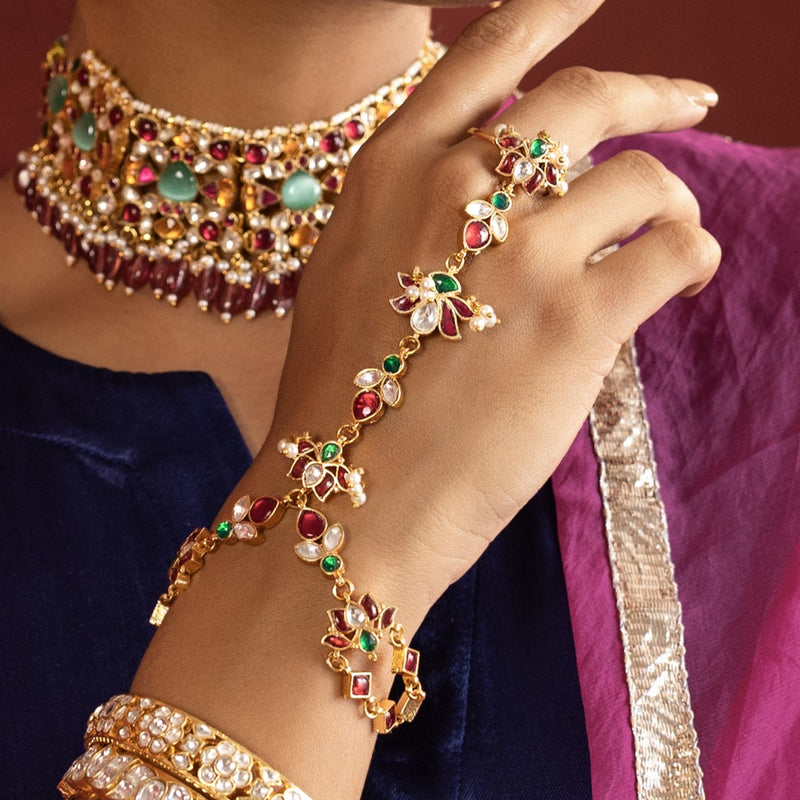 MDHP968- Multi Colour Gold Plated Jadau Kundan Hathphool