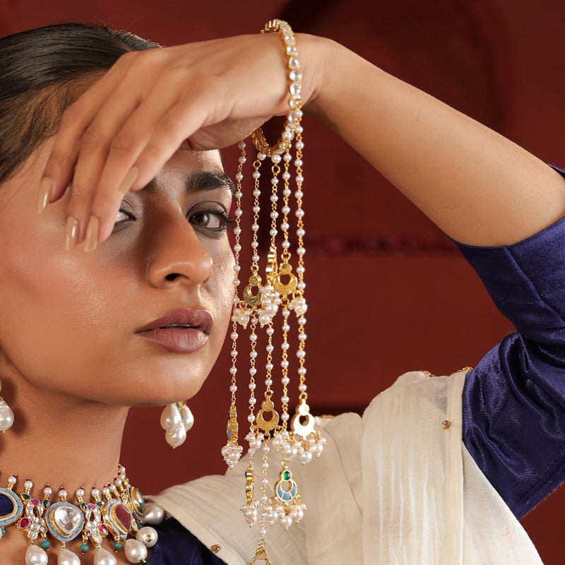 MDB953- Feroza and White Colour Gold Plated Jadau Kundan Kaleera