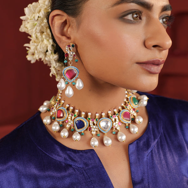 MDN495- Multi Colour Gold Plated Jadau Kundan Necklace Set