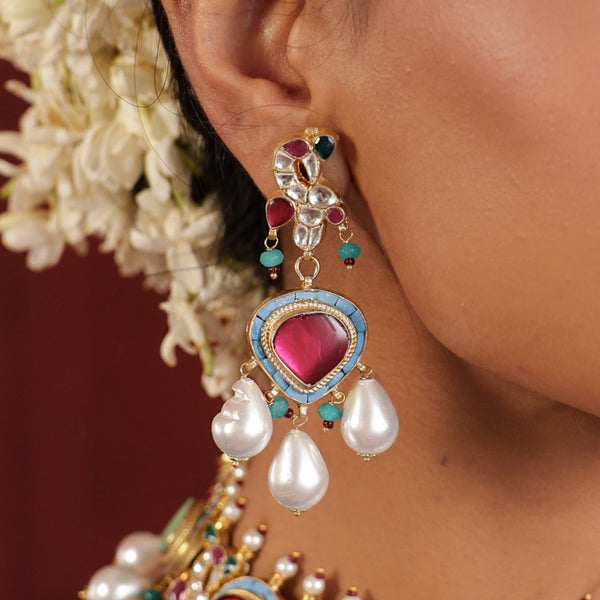 MDN495- Multi Colour Gold Plated Jadau Kundan Necklace Set