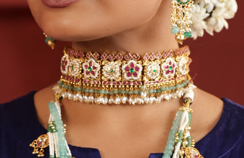 Multi Colour Gold Plated Jadau Kundan Heritage Choker Set