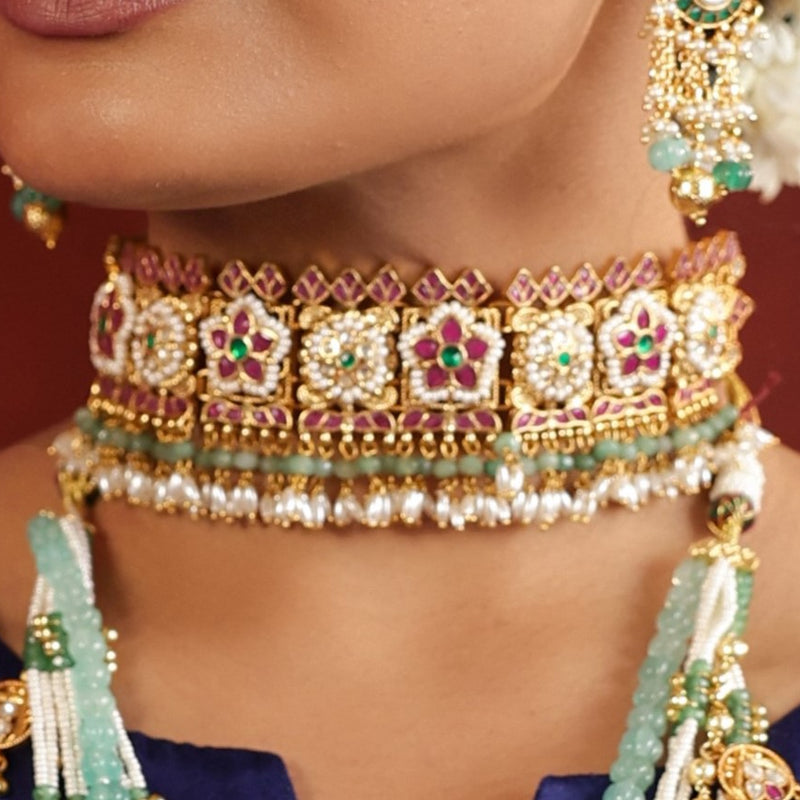 MDN651- Multi Colour Gold Plated Jadau Kundan Heritage Choker Set