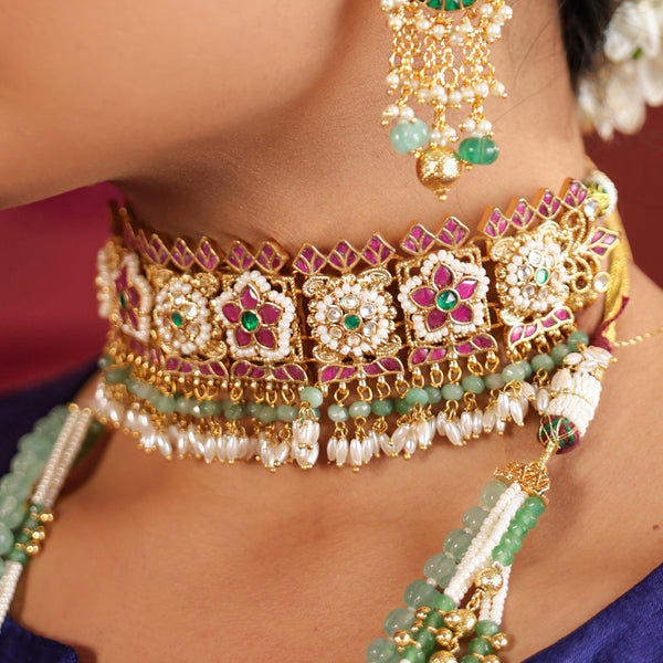 MDN651- Multi Colour Gold Plated Jadau Kundan Heritage Choker Set