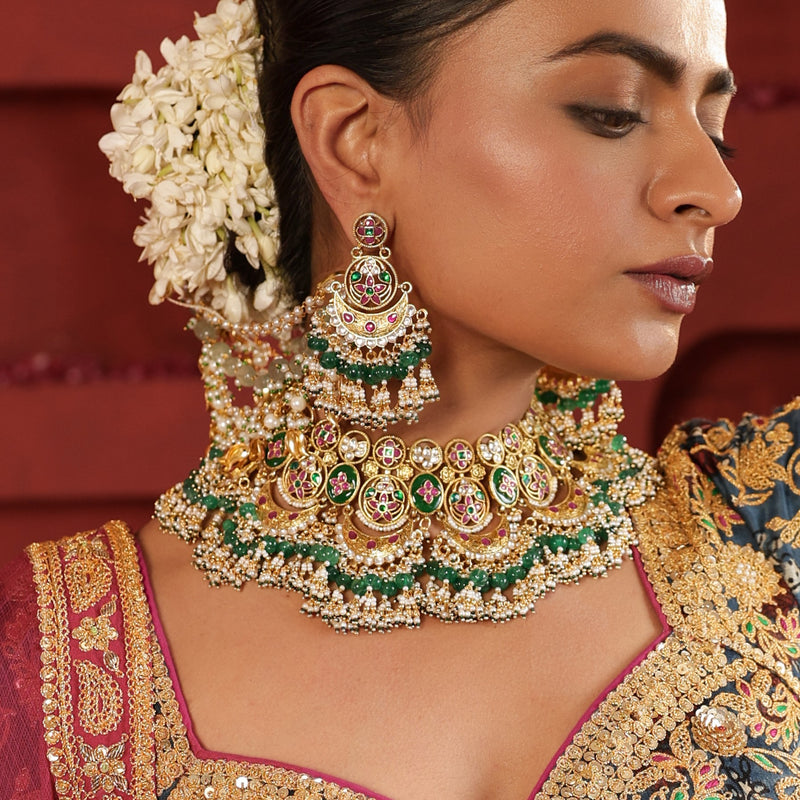 MDN921- Multi Colour Gold Plated Jadau Kundan Heritage Bridal Necklace Set