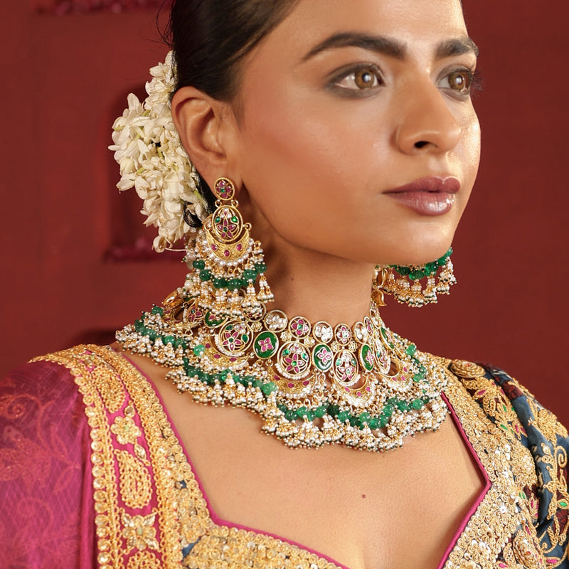 MDN921- Multi Colour Gold Plated Jadau Kundan Heritage Bridal Necklace Set