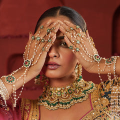 MDHP985- Green and Red Colour Gold Plated Jadau Kundan Hathphool (5 Line)