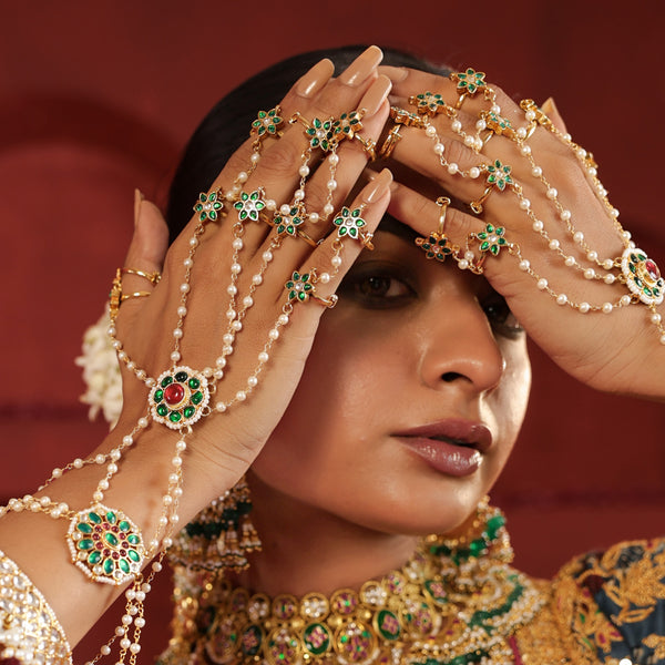 MDHP985- Green and Red Colour Gold Plated Jadau Kundan Hathphool (5 Line)