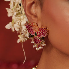 MDE671- Red and Green Colour Gold Plated Jadau Kundan Eagle Motif Stud  Earrings