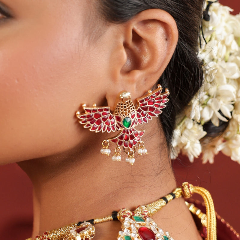 MDE671- Red and Green Colour Gold Plated Jadau Kundan Eagle Motif Stud  Earrings