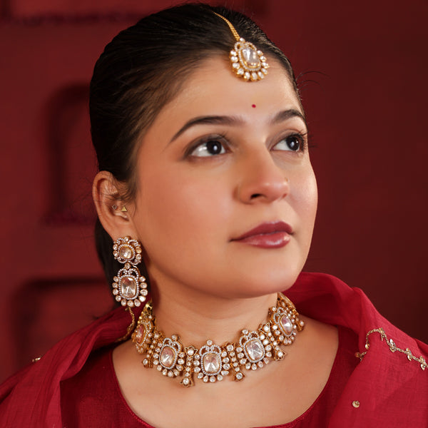 MDN929- White Colour Gold Plated Faux Polki Necklace Set with Tika