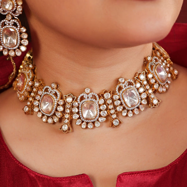MDN929- White Colour Gold Plated Faux Polki Necklace Set with Tika